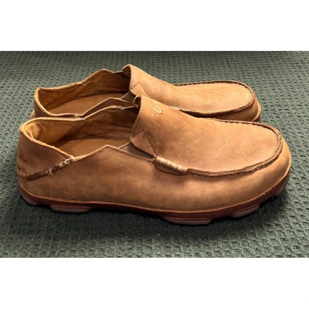 OluKai Moloa Mens Leather Slip On Loafers Ray Toffee Size 10